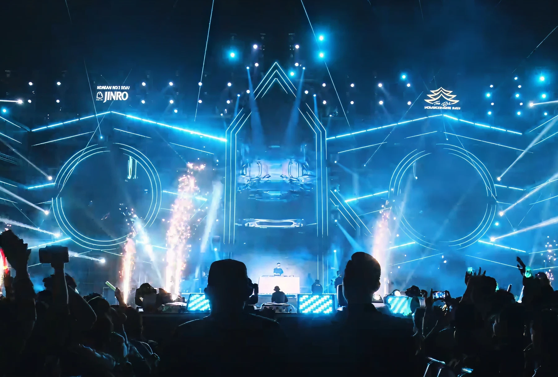 JINRO EDM festival stage with blue lights and fireworks.