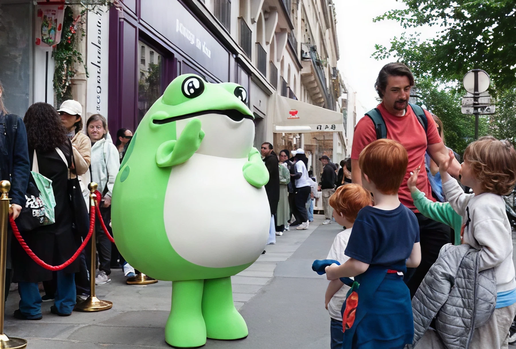 JINRO frog mascot greeting children on the street.