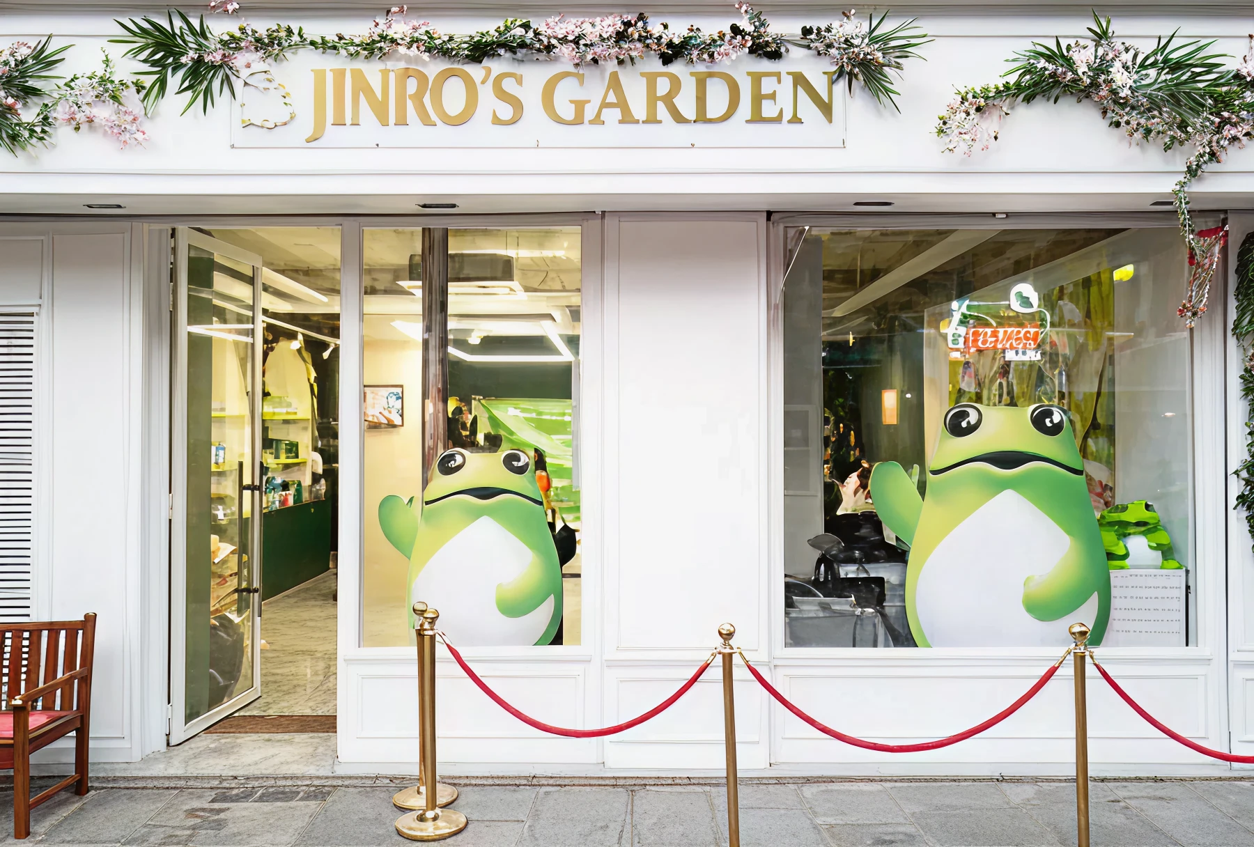 JINRO’s Garden storefront with frog mascots.
