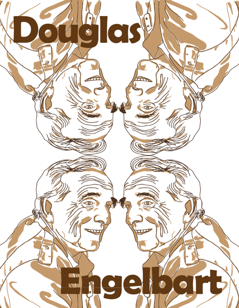 Four mirrored portraits of an older man with wrinkles and short hair wearing a jacket with epaulets, arranged in a square around the text 'Douglas Engelbart' in bold brown letters, with Douglas at top and Engelbart at bottom, on a white background.