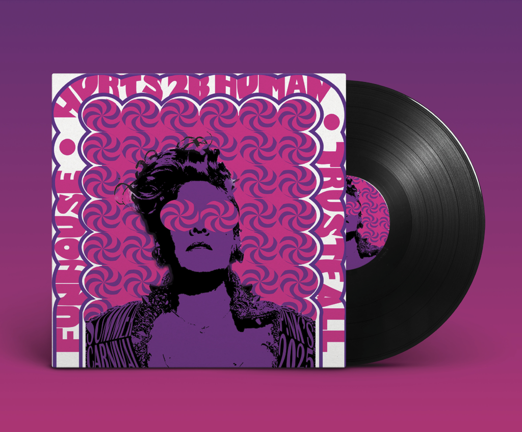 Vinyl record partially out of its cover featuring a stylized purple and pink cover art of a person's face with swirled patterns obscuring the eyes and background, with text including 'HURTS 2B HUMAN' and 'EVE HOUSE' around the edges.
