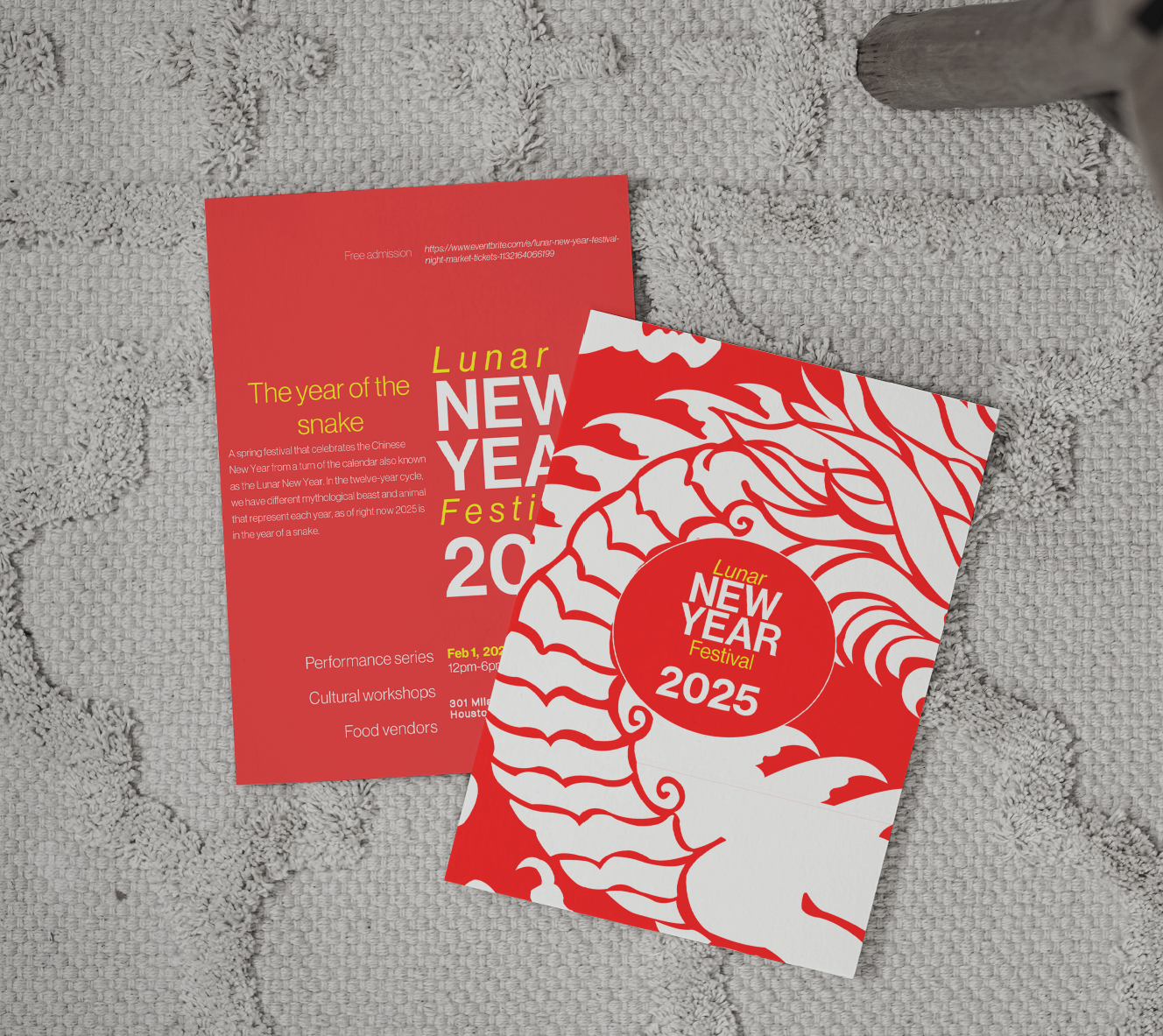 Two red Lunar New Year Festival 2025 flyers on a beige carpet, featuring white dragon designs and event details including date, location, and free admission.