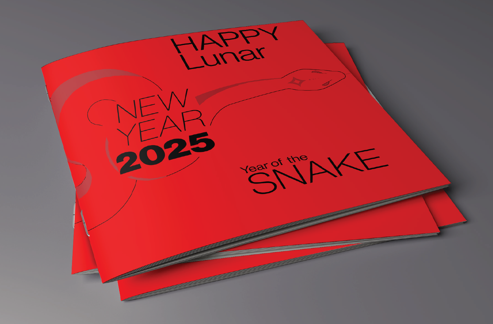 Red booklet covers with black text reading 'HAPPY Lunar NEW YEAR 2025 Year of the SNAKE' and a subtle snake illustration in the background.