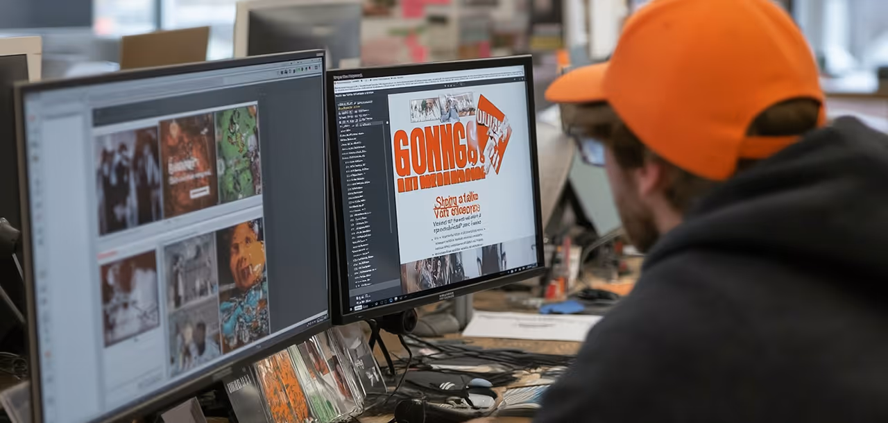 Person wearing an orange cap and glasses working on dual monitors displaying graphic design layouts in a creative office space.