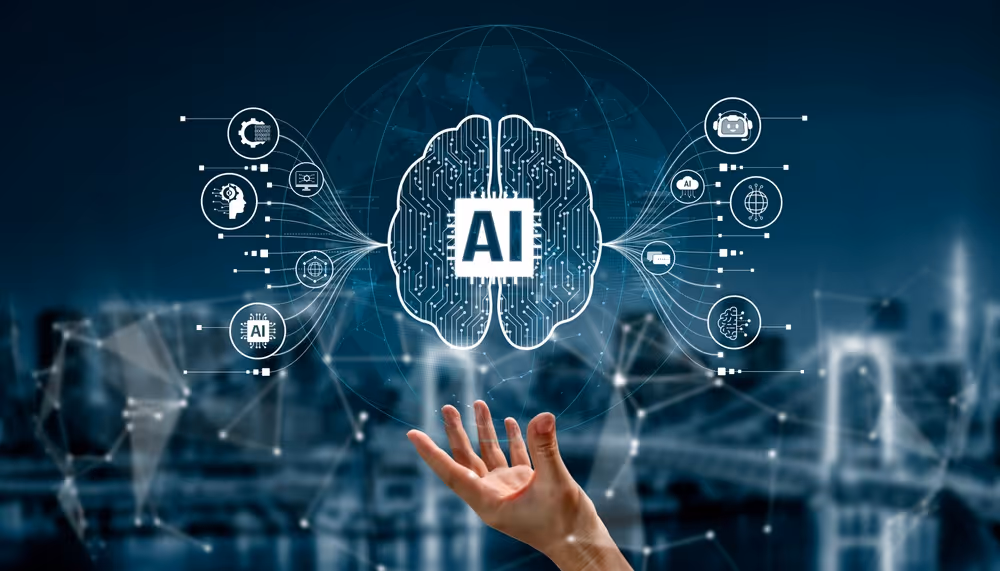 Hand reaching toward a digital brain with AI circuit lines and technology icons connected on a blurred city background.