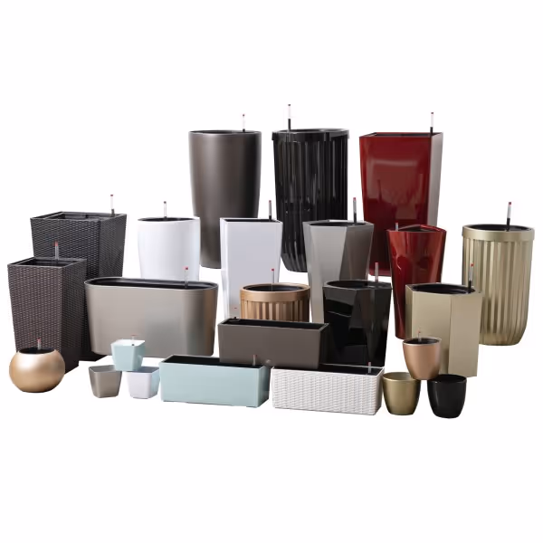 A collection of self-watering planters in various sizes and styles