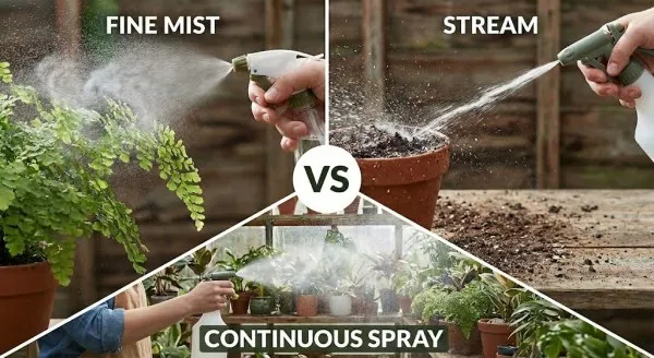 Fine mist vs stream vs continuous spray patterns for plant misters