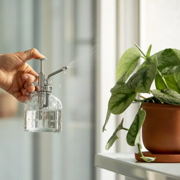 Spraying the underside of houseplant leaves