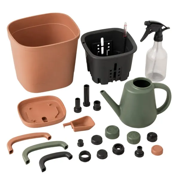 Garden plastic part set with planter shell, self-watering insert, sprayer bottle, watering can body and molded fittings