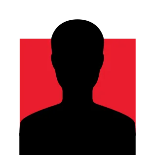 A silhouette of a man in front of a red square.