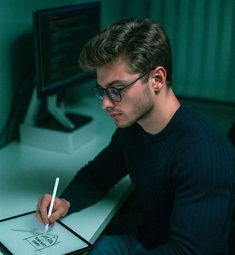 Designer graphique travaillant sur iPad dans son studio, créant une identité visuelle sur mesure à Namur.