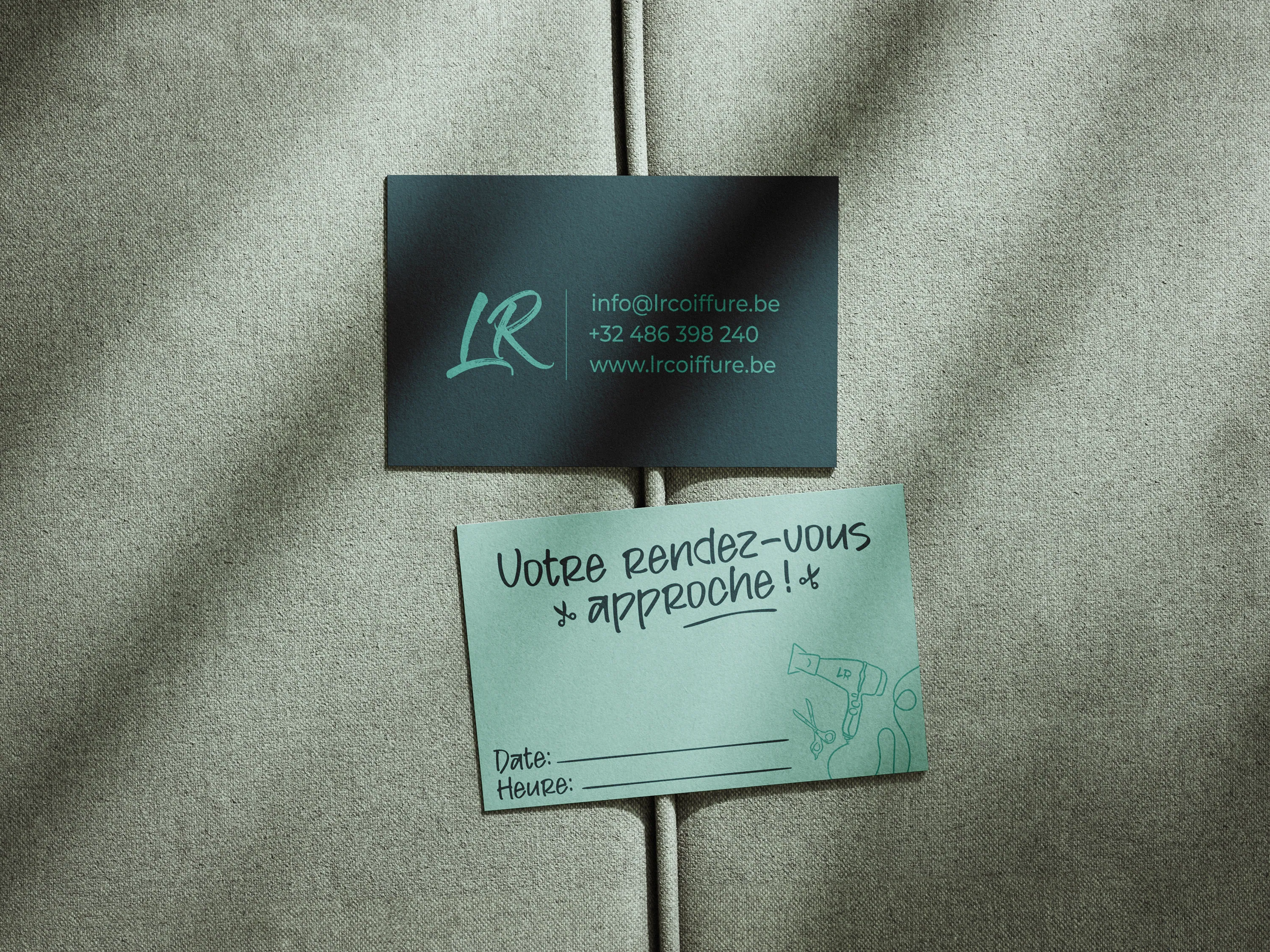 Cartes de visite et cartes de rendez-vous imprimées pour LR Coiffure, coiffeuse à domicile professionnelle.