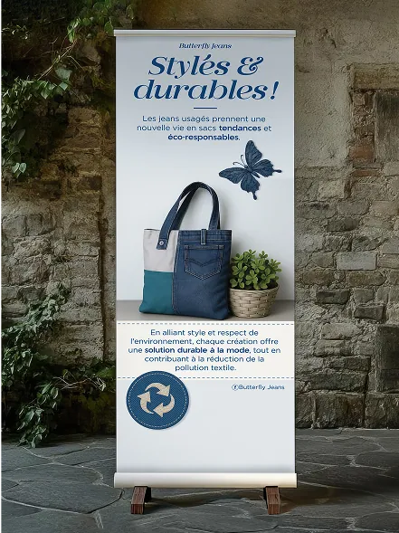 Roll-up imprimé pour Butterfly Jeans, marque de sacs créés à partir de jeans recyclés et éco-responsables.