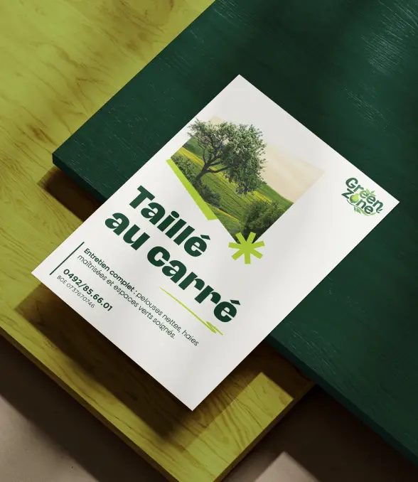 Flyer publicitaire Green Zone, conception et impression pour jardinier indépendant spécialisé en entretien d’espaces verts.