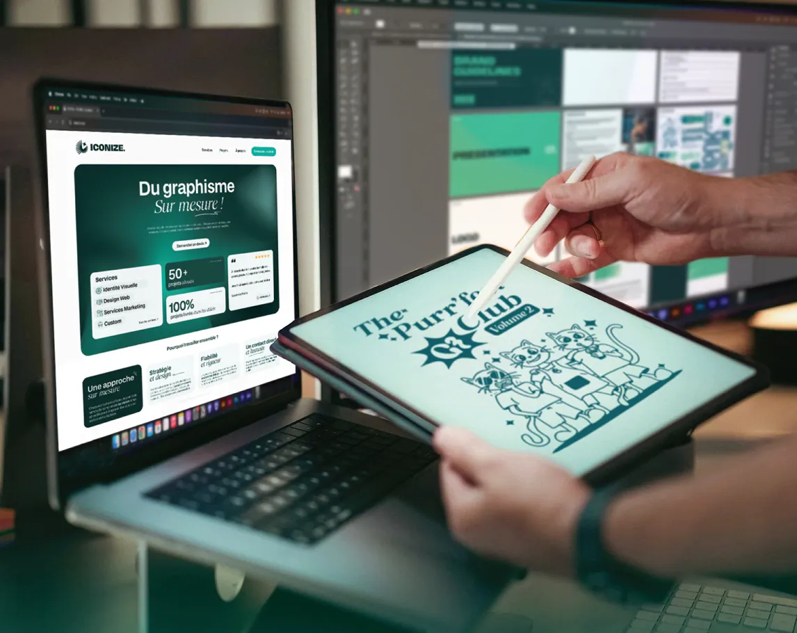 Poste de travail de graphiste chez Iconize, création de visuels sur tablette et ordinateur avec interface de design graphique et site web du studio à l’écran.