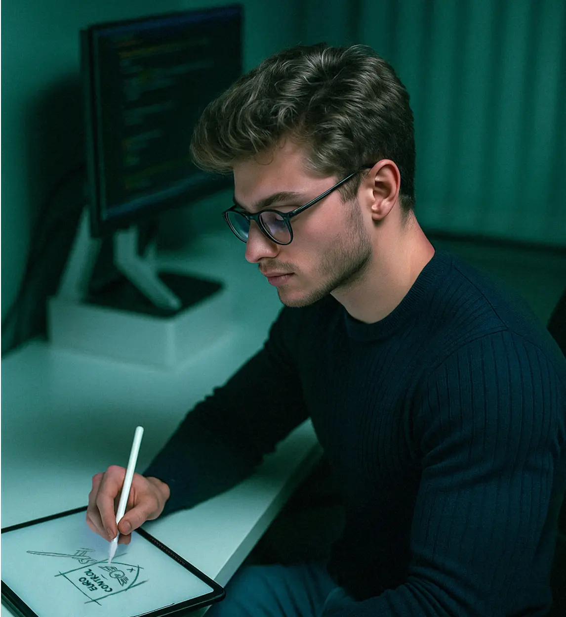 Graphiste indépendant concentré sur un croquis numérique, illustrant le processus de création d’identité visuelle professionnelle.