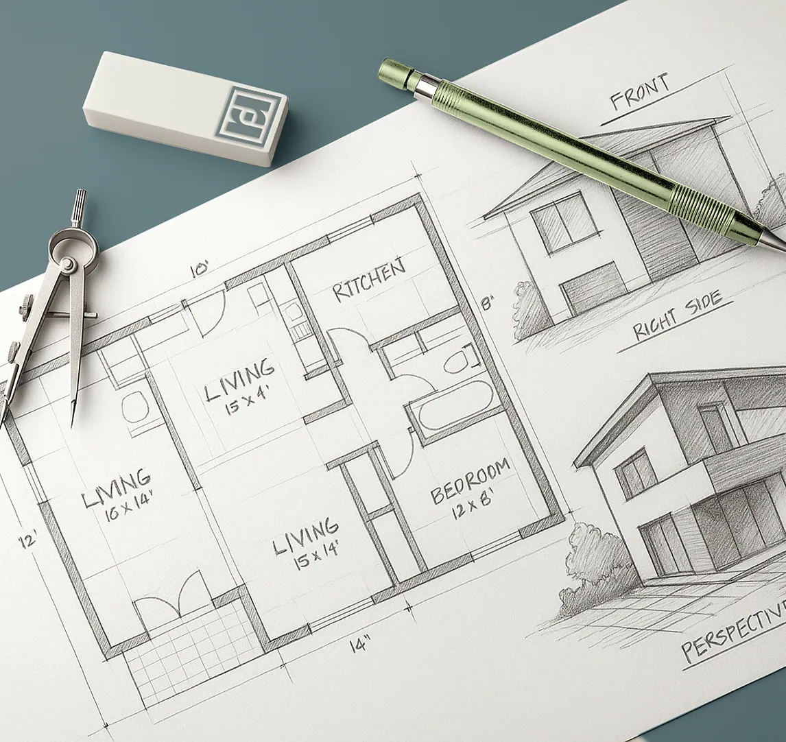 Croquis architectural du projet Carré, présentant un plan de maison et des vues en perspective, symbolisant la créativité et la précision de l’agence d’architecture.