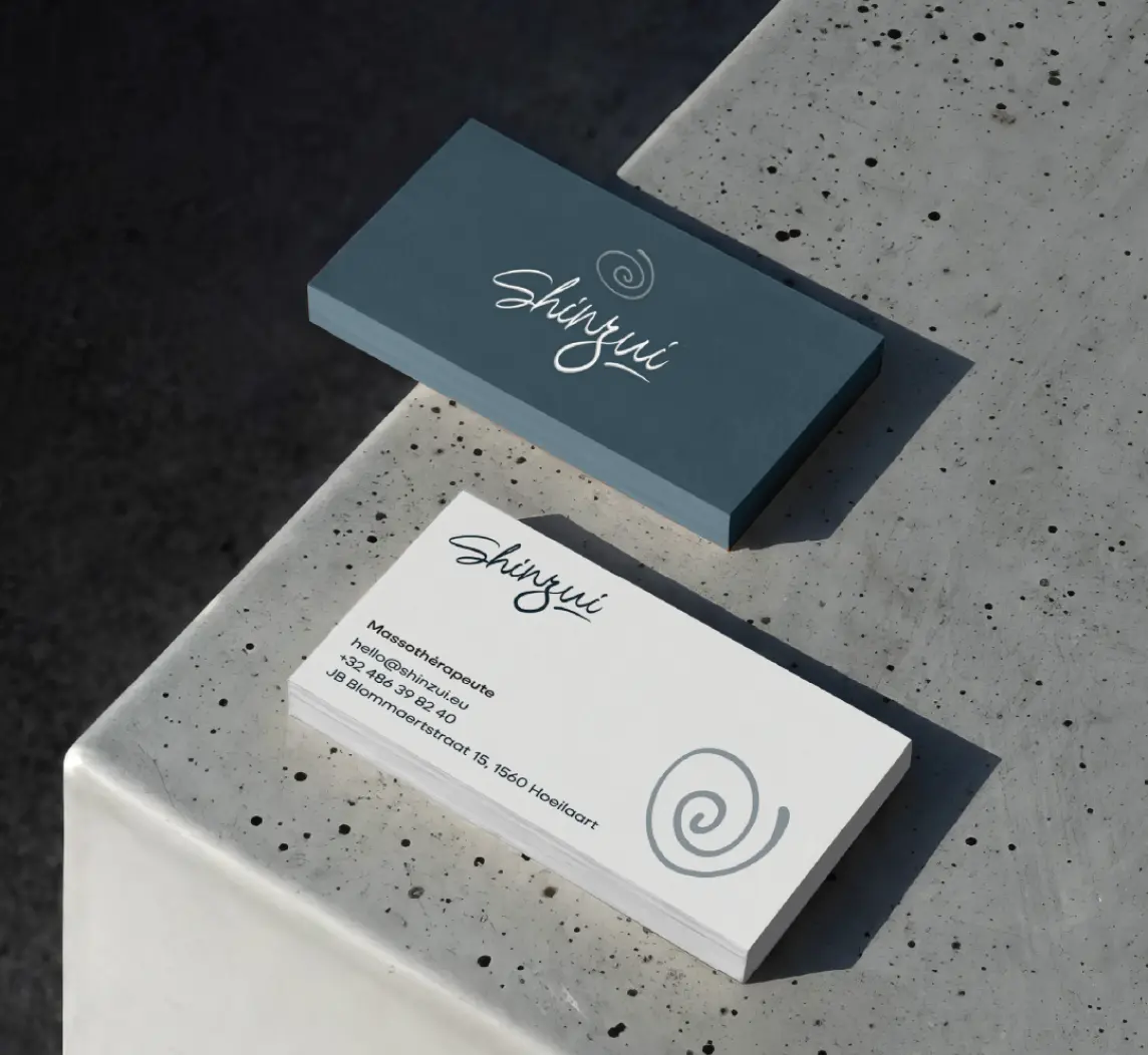 Cartes de visite design Shinzui, identité visuelle élégante pour un salon de massage bien-être à Hoeilaart.