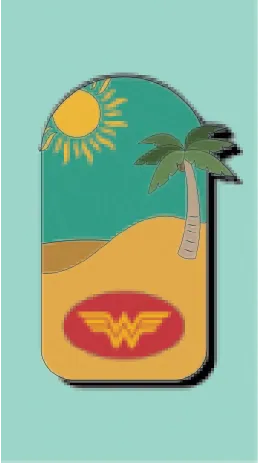 Illustration de l’île de Wonder Woman floue et pixellisée avant vectorisation, avec perte de détails sur le soleil, le palmier et le logo.