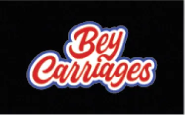 Logo Bey Carriages flou et granuleux, difficile à lire, typique d’un visuel non vectorisé sur fond sombre.