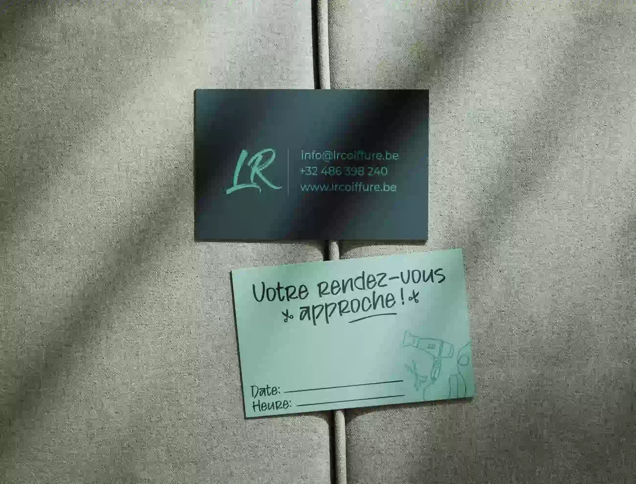Cartes de visite et cartes de rendez-vous imprimées pour LR Coiffure, coiffeuse à domicile professionnelle.