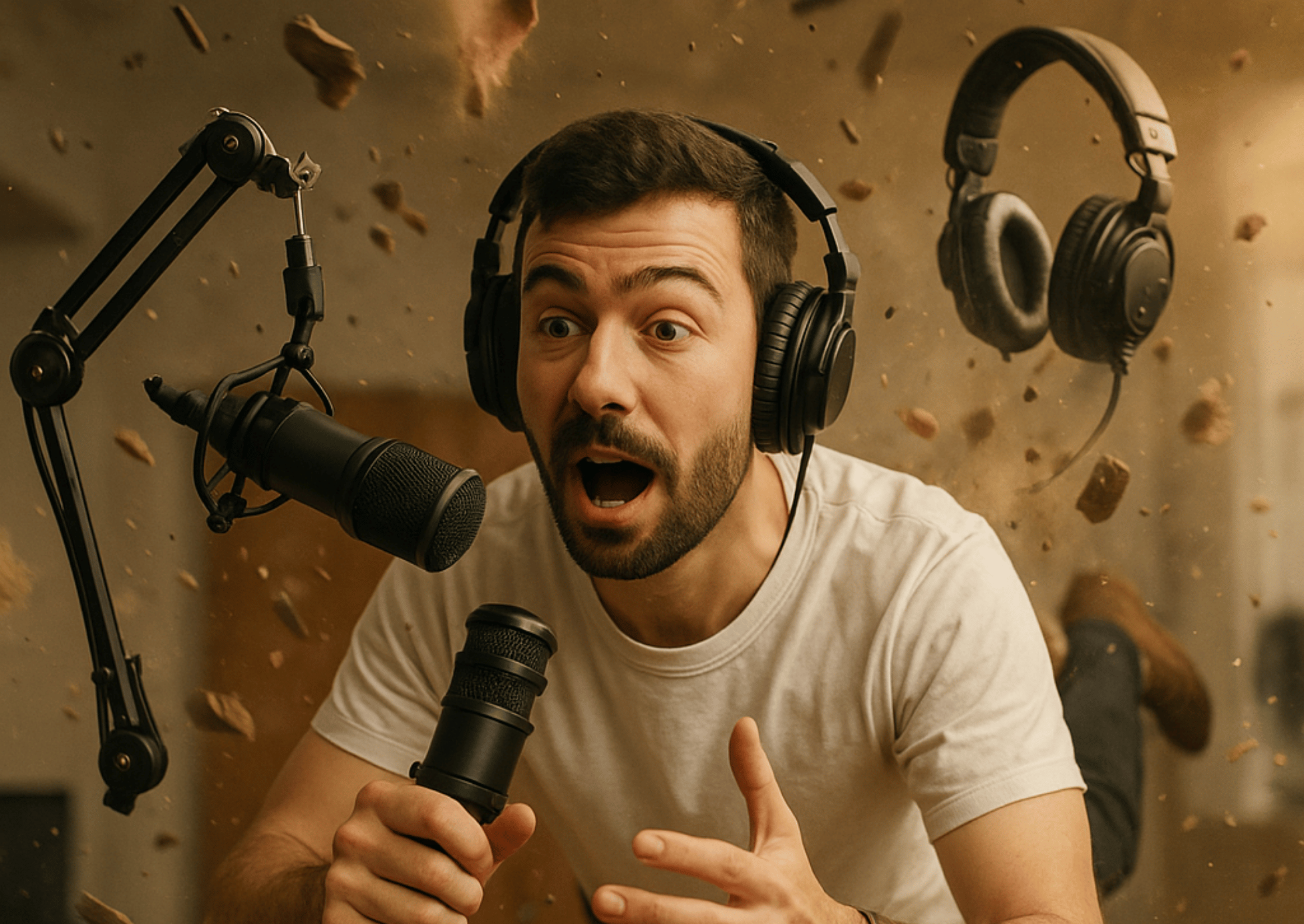 Une image d'IA représentant Axel Moulin dans un décor de podcast
