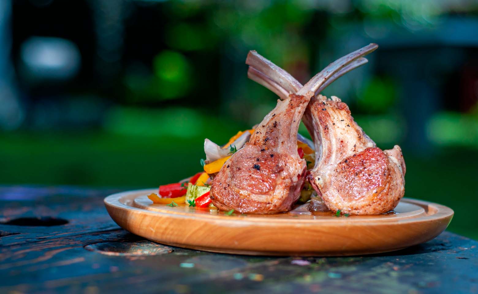 Lamb chops with mushroom & pea fricasse and brown butter aioli