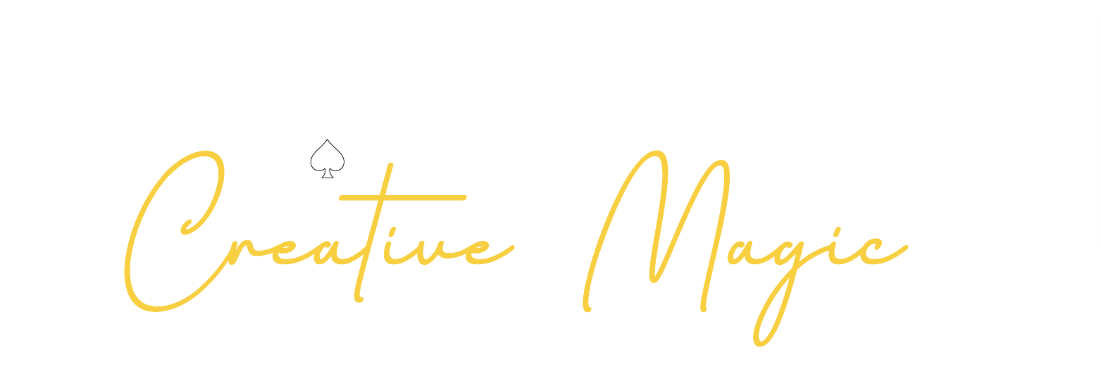 Logo Jonas De Bruyn met gele handgeschreven tekst 'Creative Magic' en schoppen symbool, branding en huisstijl