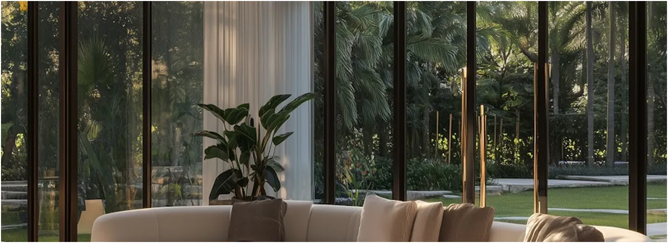 Modern living room with floor-to-ceiling windows overlooking lush tropical garden