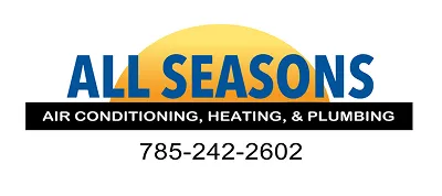 Logo for All Seasons Air Conditioning, Heating, & Plumbing with a stylized yellow sun behind the text and a contact phone number.