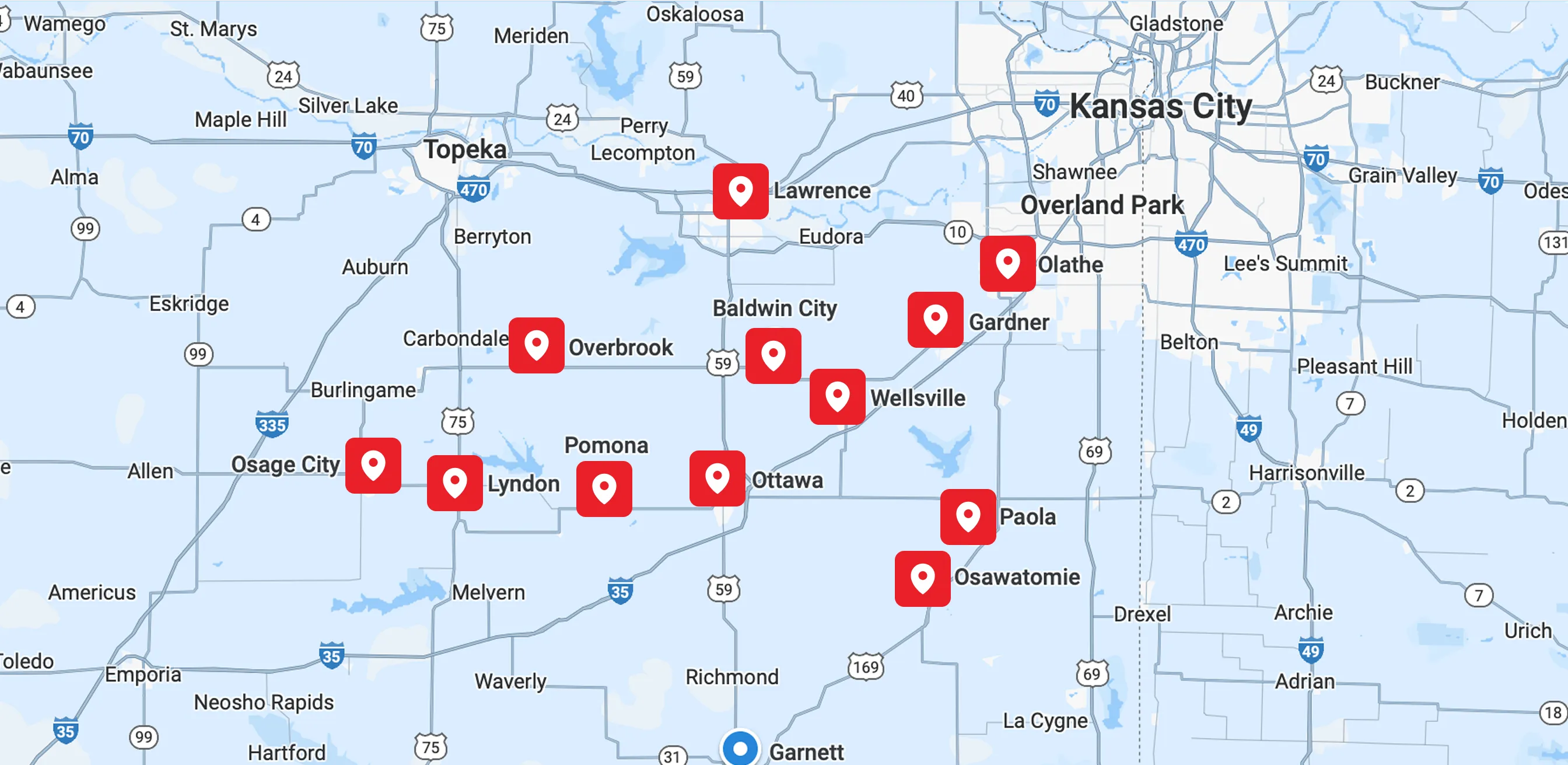 Map of northeastern Kansas showing locations marked in Osage City, Lyndon, Pomona, Overbrook, Lawrence, Baldwin City, Ottawa, Wellsville, Gardner, Olathe, Paola, and Osawatomie near Kansas City.