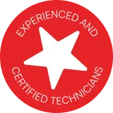 White star with the text 'Experienced and Certified Technicians' around it on a red circular badge.
