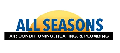 Logo for All Seasons air conditioning, heating, and plumbing with a sun graphic behind the text.