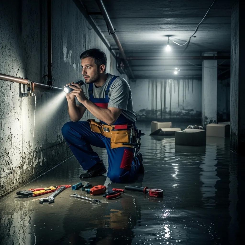 Plumber assessing a flooded basement during an emergency plumbing situation