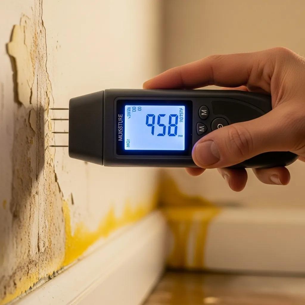 Technician using a moisture meter to detect water leaks in a home