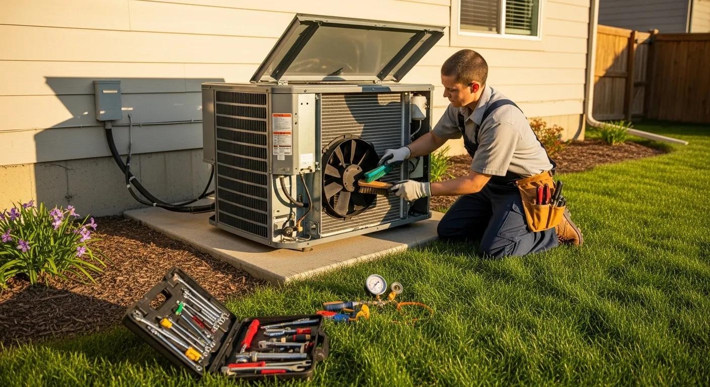 Technician performing spring maintenance on an air conditioning unit in a sunny backyard