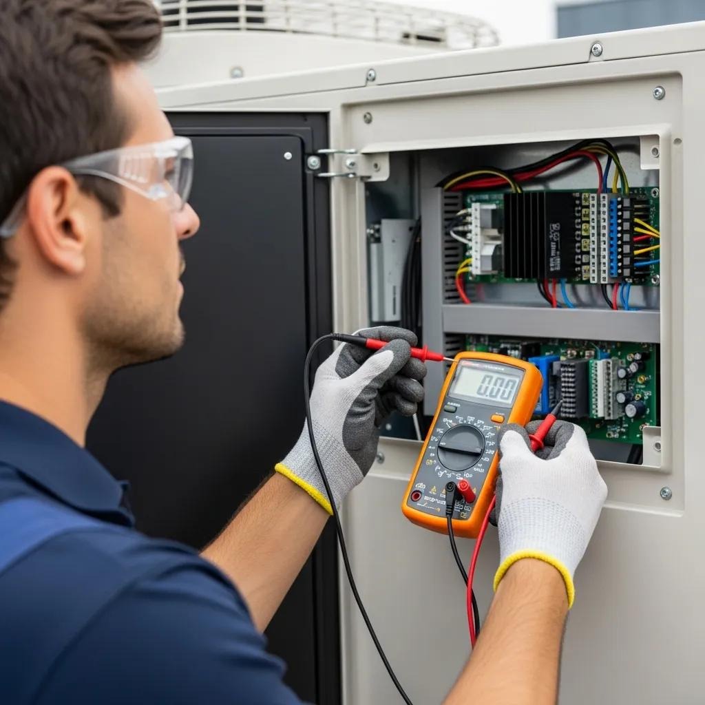 Technician performing a safety check on an air conditioning unit's electrical components