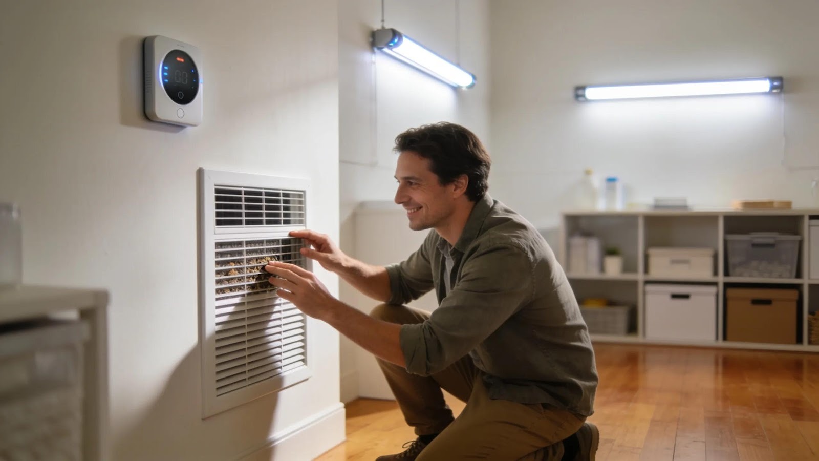 Homeowner ensuring proper airflow by checking vents in a well-organized living space