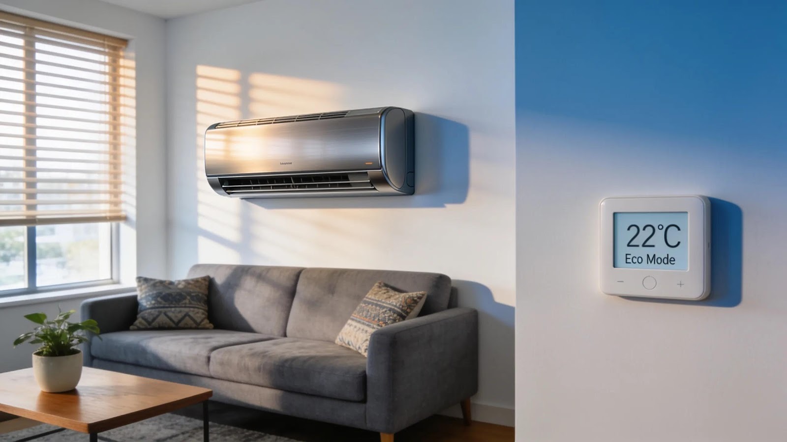 Modern HVAC system in a stylish living room, emphasizing energy efficiency and comfort