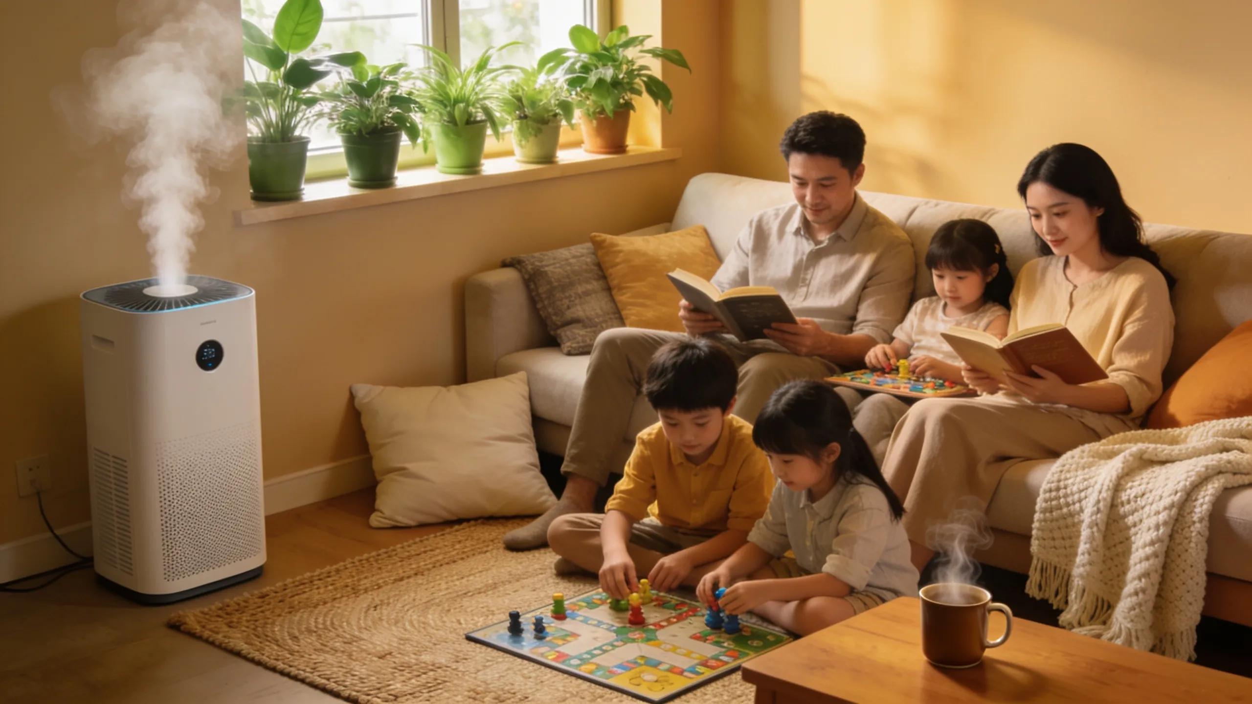 Family enjoying improved comfort from whole-home humidification system