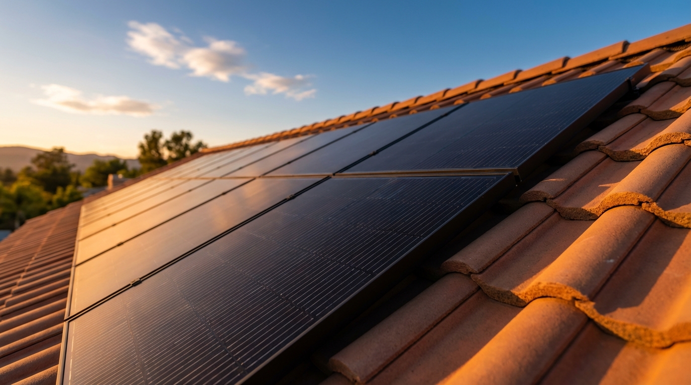 Close-up of solar panels installed on a California home rooftop