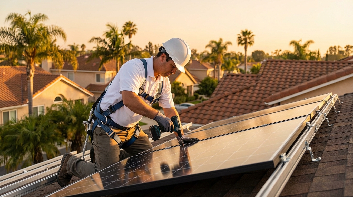 Solar panel installer working on a California residential rooftop at golden hour