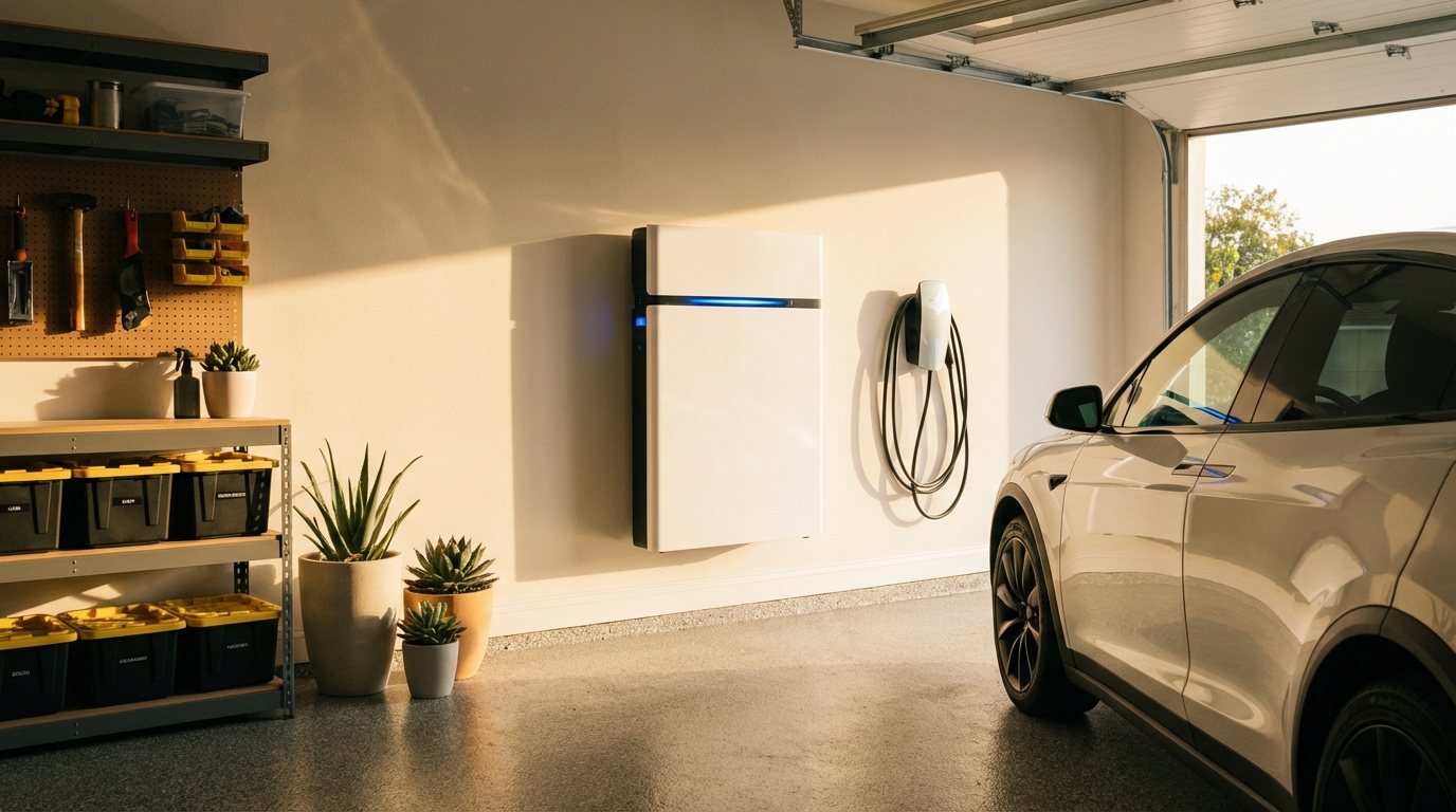 Home battery storage system installed in a California garage with electric vehicle