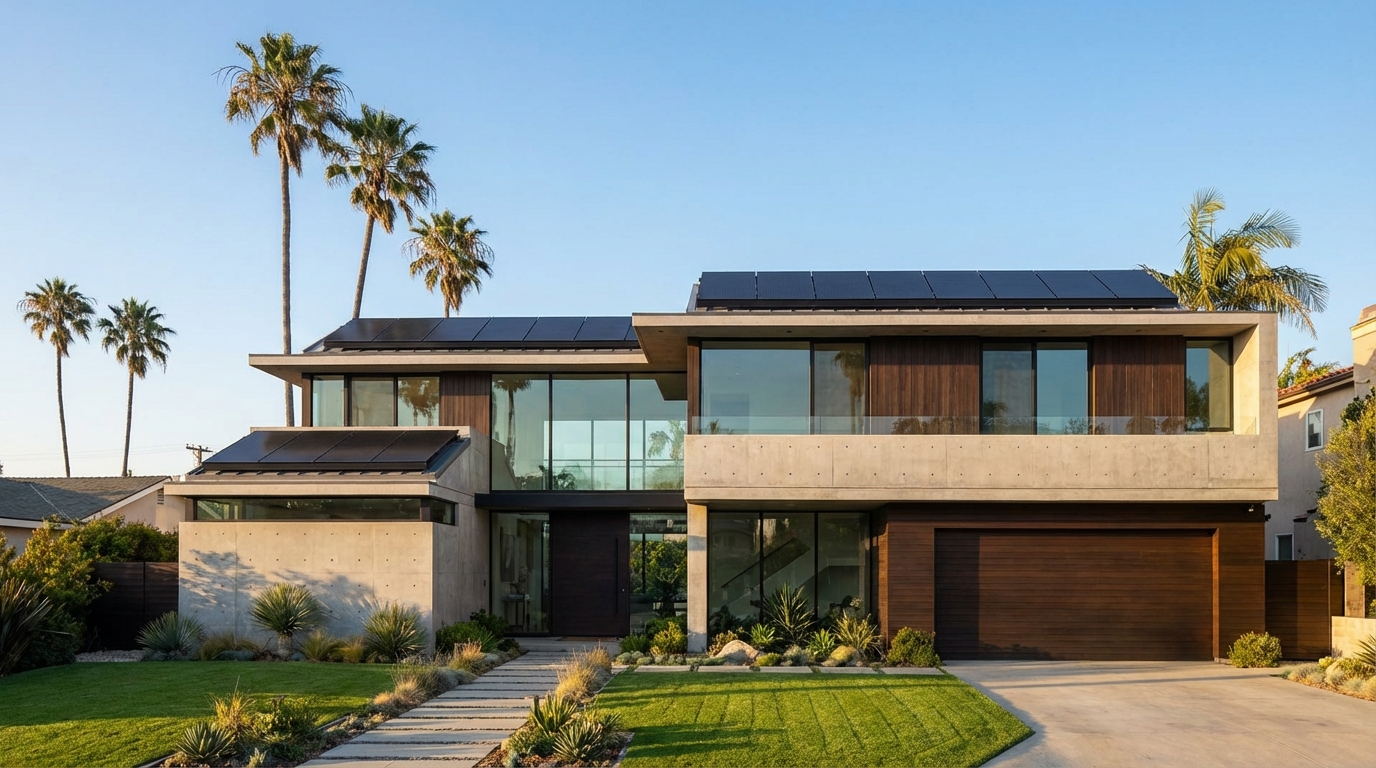 Modern California home with solar panels installed on roof under clear blue sky