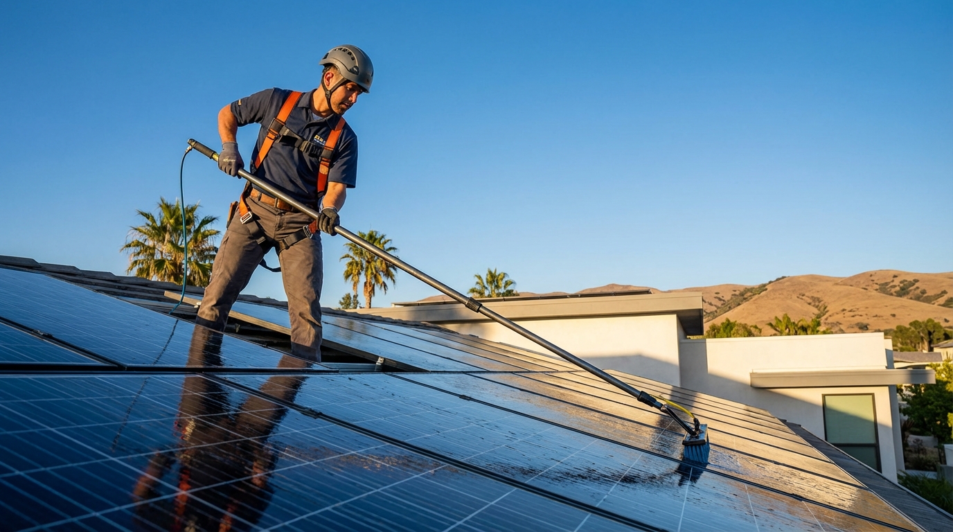 Professional technician cleaning solar panels on California home roof