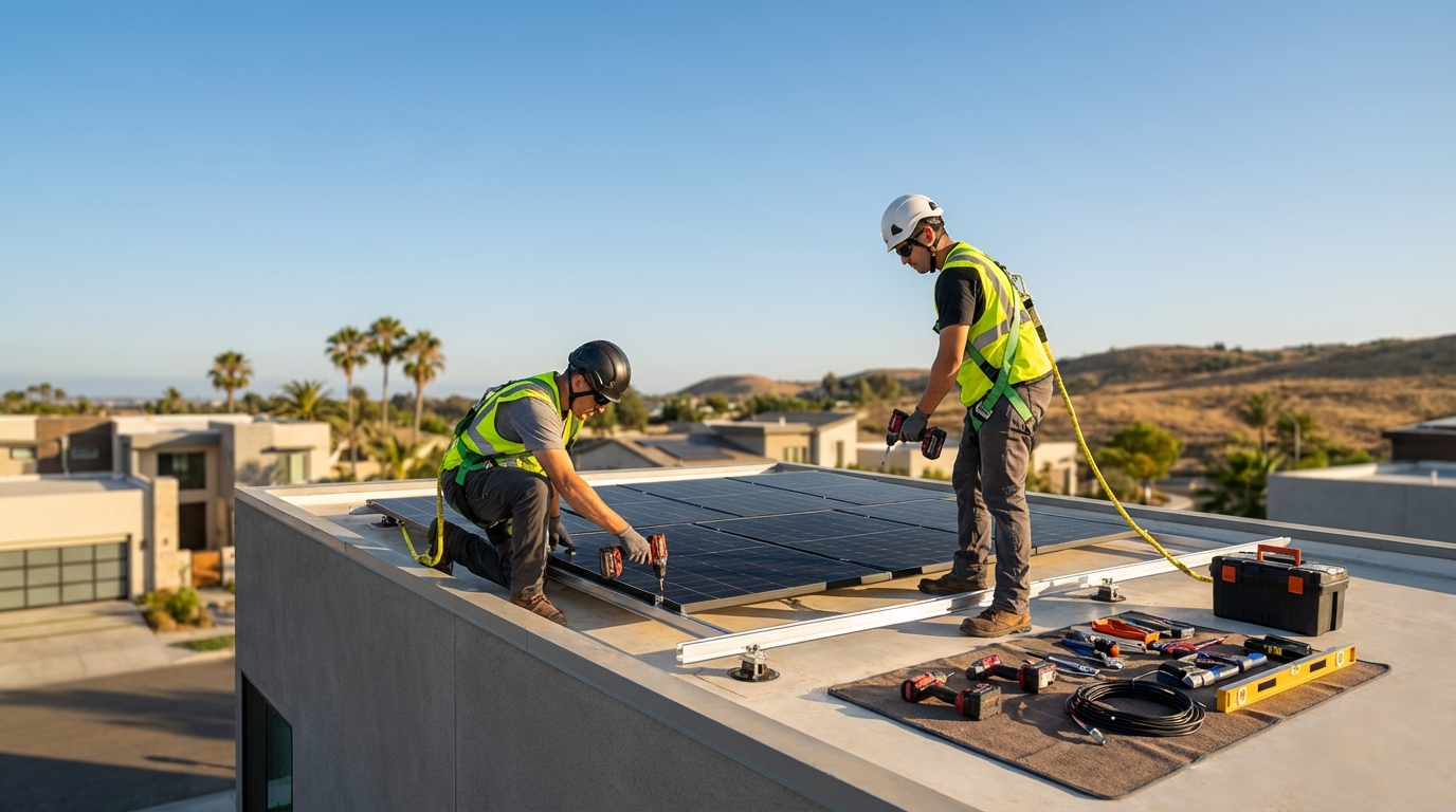 Professional solar installation crew mounting panels on California home roof