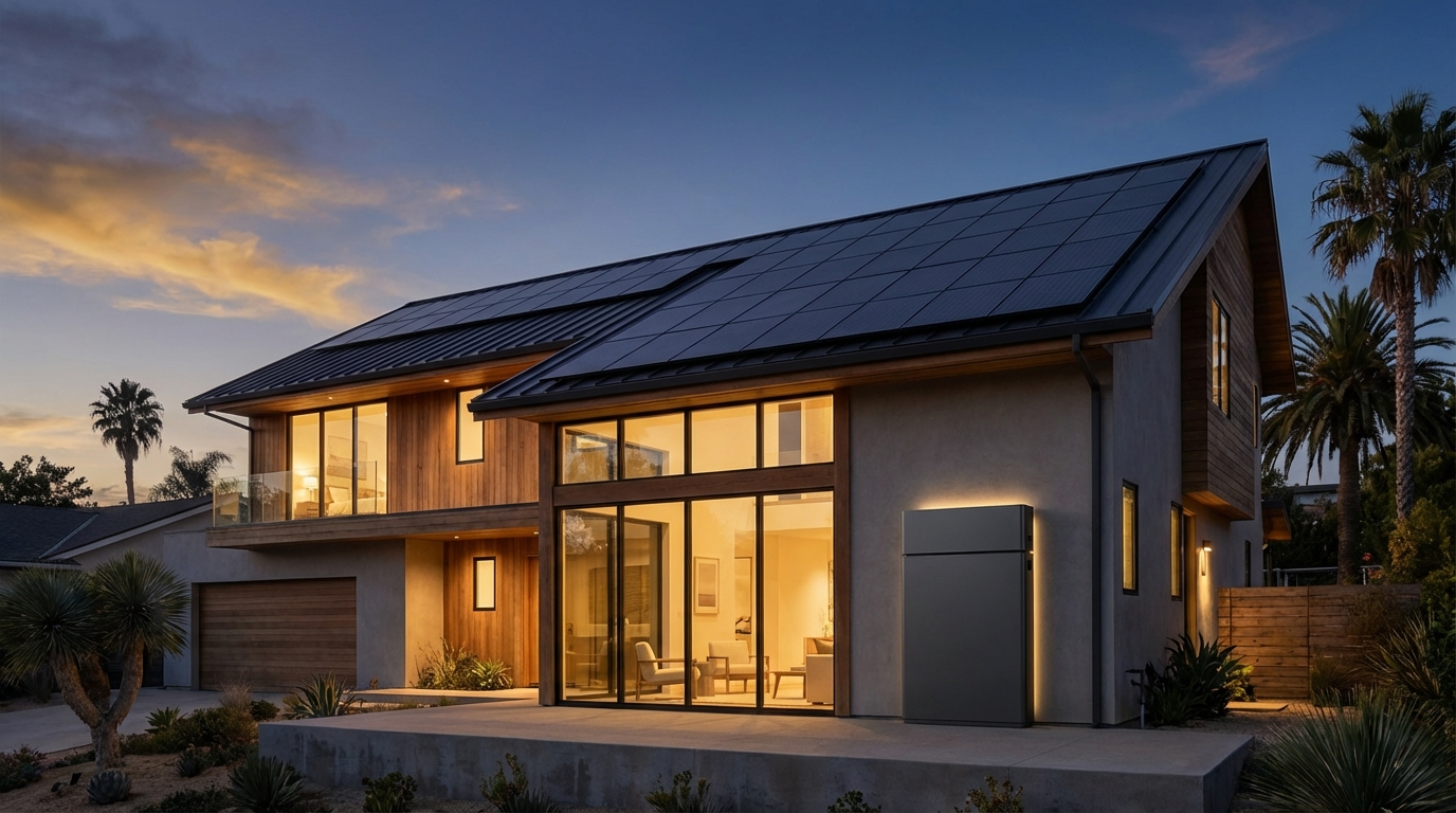 Modern California home with solar panels and battery storage at twilight