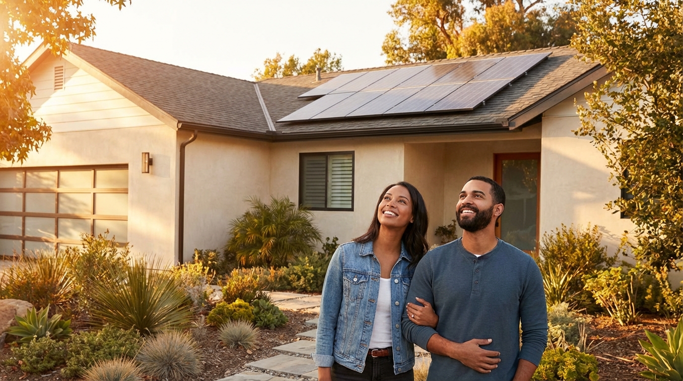 Happy couple in front of their California home with new solar panels