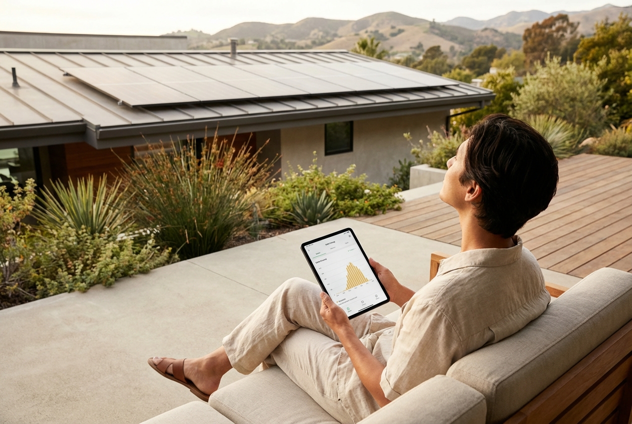 Homeowner monitoring solar panel production on tablet