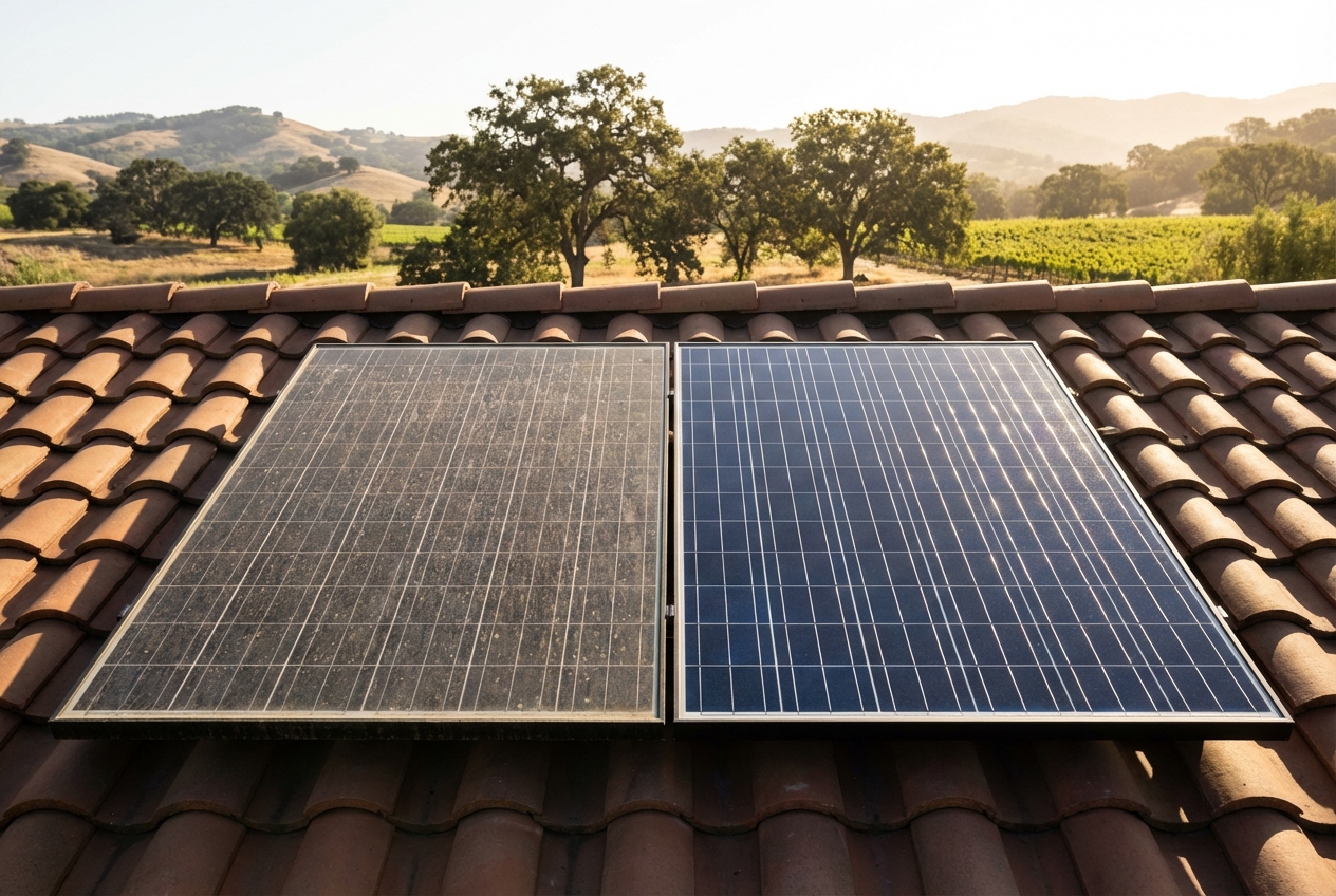 Comparison of dirty and clean solar panels showing maintenance difference